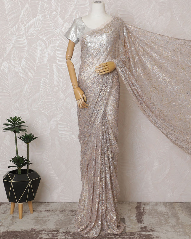 French Metallic Blush Pink Chantilly Saree Lace with Stone Work – 110 cm Width, 5.5 Meters, Made in France-D19427