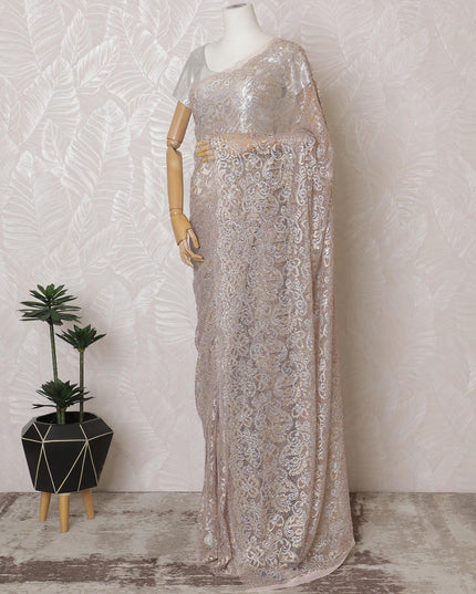 French Metallic Blush Pink Chantilly Saree Lace with Stone Work – 110 cm Width, 5.5 Meters, Made in France-D19427