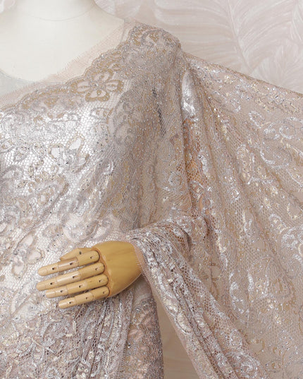 French Metallic Blush Pink Chantilly Saree Lace with Stone Work – 110 cm Width, 5.5 Meters, Made in France-D19427