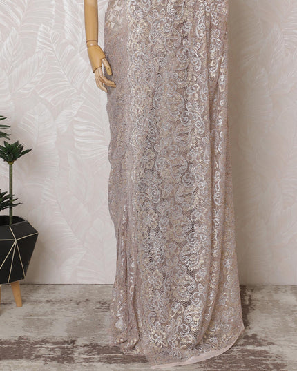 French Metallic Blush Pink Chantilly Saree Lace with Stone Work – 110 cm Width, 5.5 Meters, Made in France-D19427