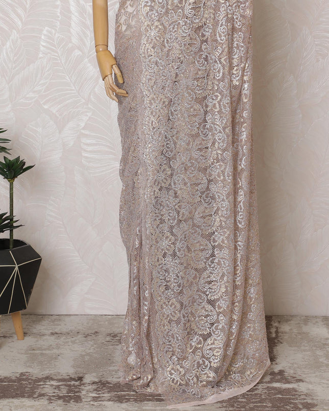 French Metallic Blush Pink Chantilly Saree Lace with Stone Work – 110 cm Width, 5.5 Meters, Made in France-D19427