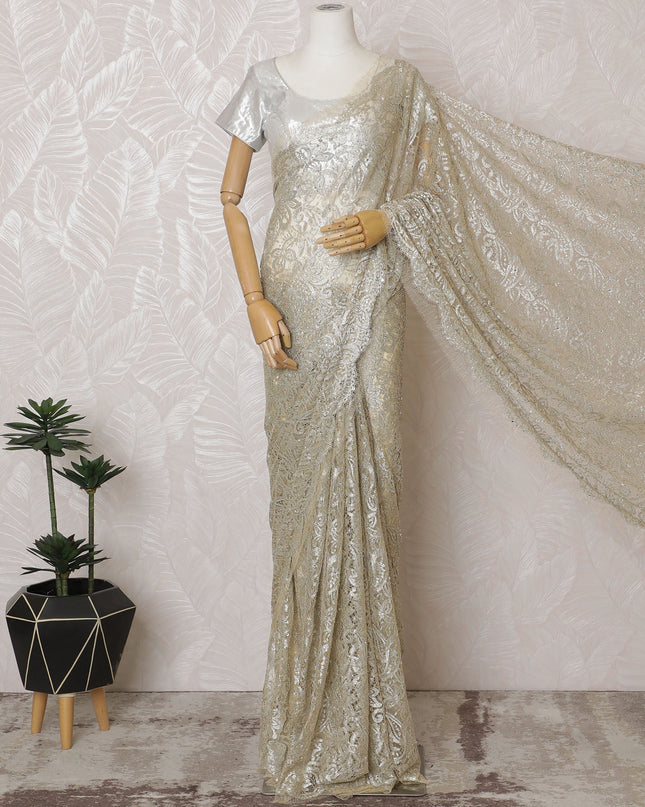French Metallic Champagne Gold Chantilly Saree Lace with Stone Work – 110 cm Width, 5.5 Meters, Made in France-D19428 Regal Fabrics