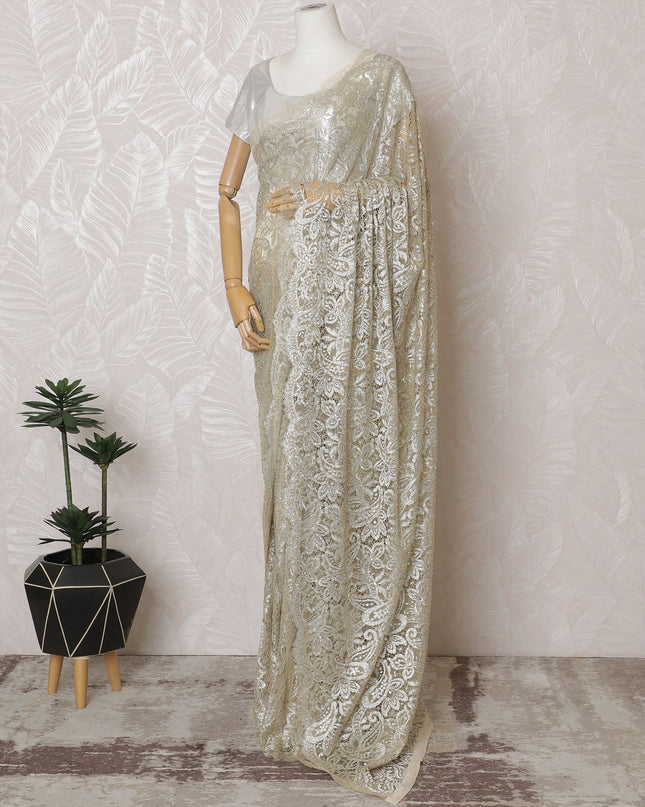 French Metallic Champagne Gold Chantilly Saree Lace with Stone Work – 110 cm Width, 5.5 Meters, Made in France-D19428 Regal Fabrics
