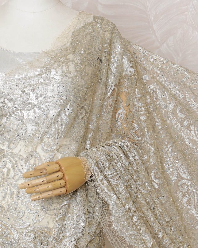 French Metallic Champagne Gold Chantilly Saree Lace with Stone Work – 110 cm Width, 5.5 Meters, Made in France-D19428 Regal Fabrics