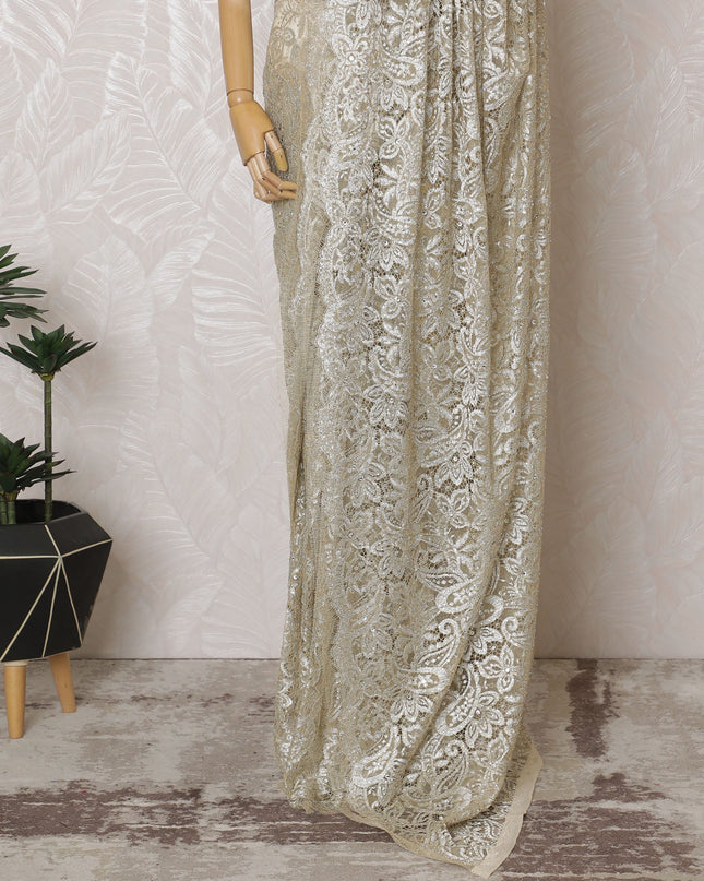French Metallic Champagne Gold Chantilly Saree Lace with Stone Work – 110 cm Width, 5.5 Meters, Made in France-D19428 Regal Fabrics