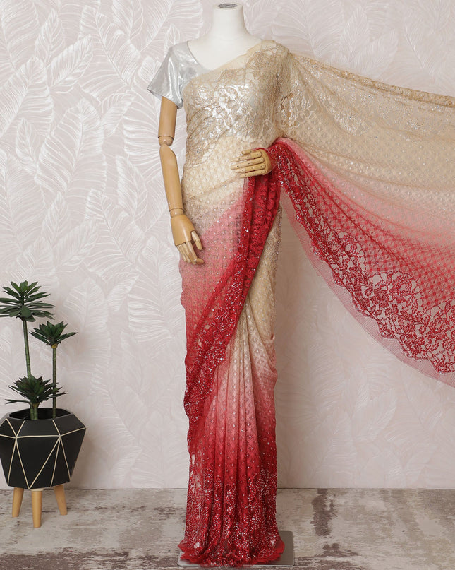 French Ombre Champagne to Red Chantilly Saree Lace with Stone Work – 110 cm Width, 5.5 Meters, Made in France-D19429