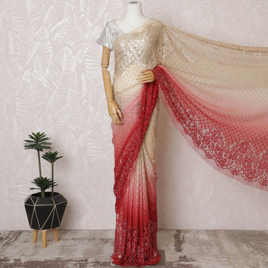 دانتيل ساري فرنسي متدرج من الشمبانيا إلى الأحمر شانتيلي مع أعمال حجرية - عرض 110 سم، 5.5 متر، صنع في فرنسا-D19429