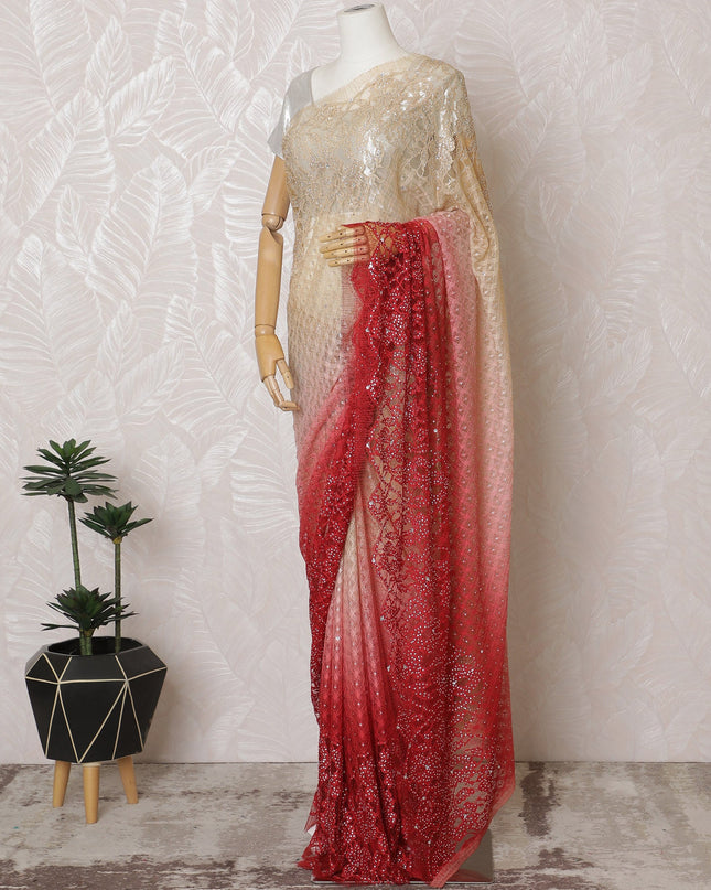 French Ombre Champagne to Red Chantilly Saree Lace with Stone Work – 110 cm Width, 5.5 Meters, Made in France-D19429