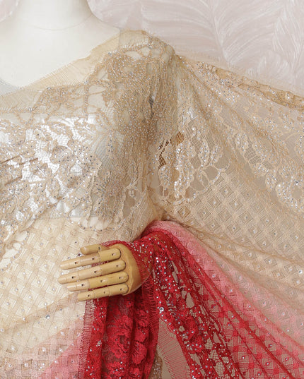 French Ombre Champagne to Red Chantilly Saree Lace with Stone Work – 110 cm Width, 5.5 Meters, Made in France-D19429