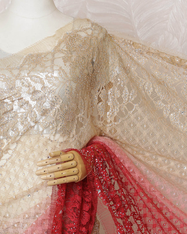 French Ombre Champagne to Red Chantilly Saree Lace with Stone Work – 110 cm Width, 5.5 Meters, Made in France-D19429