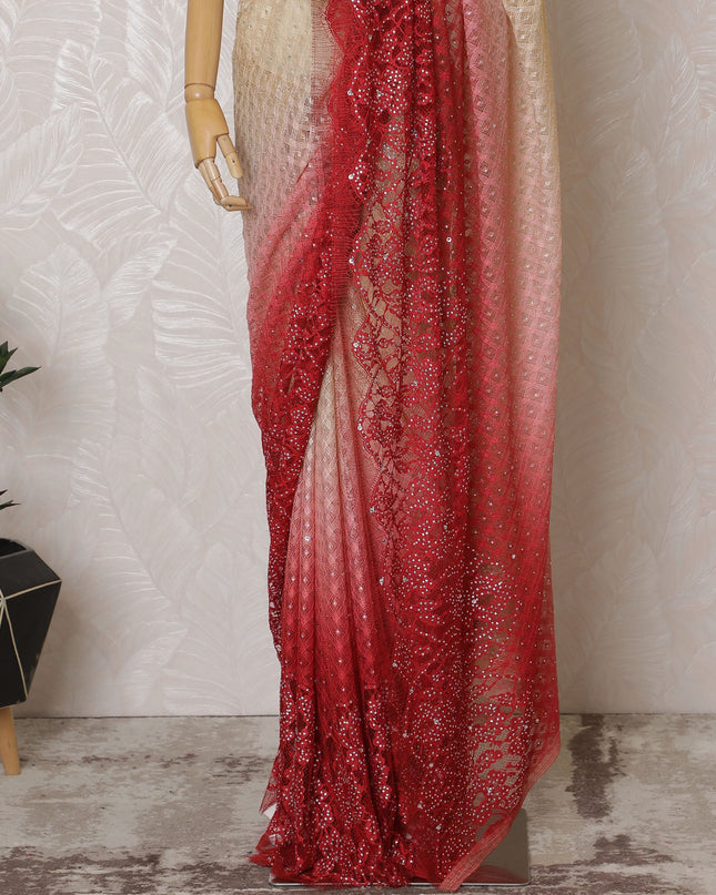 French Ombre Champagne to Red Chantilly Saree Lace with Stone Work – 110 cm Width, 5.5 Meters, Made in France-D19429