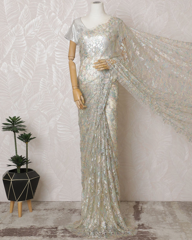 French Iridescent White Chantilly Saree Lace with Stone Work – 110 cm Width, 5.5 Meters, Made in France-D19430 Regal Fabrics