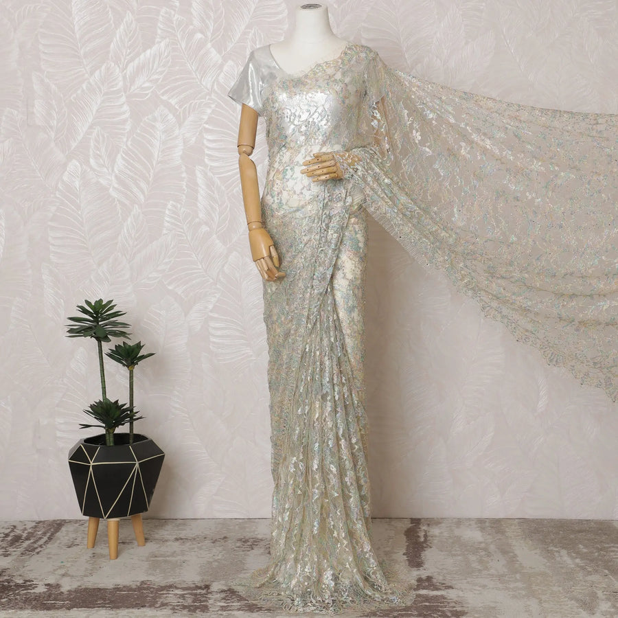 French Iridescent White Chantilly Saree Lace with Stone Work – 110 cm Width, 5.5 Meters, Made in France-D19430 Regal Fabrics