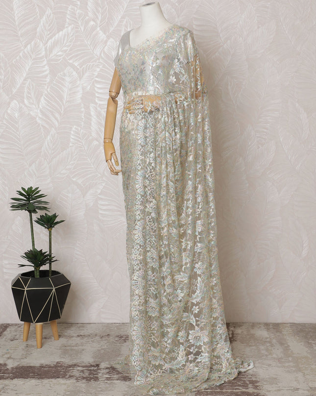 French Iridescent White Chantilly Saree Lace with Stone Work – 110 cm Width, 5.5 Meters, Made in France-D19430 Regal Fabrics