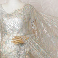 French Iridescent White Chantilly Saree Lace with Stone Work – 110 cm Width, 5.5 Meters, Made in France-D19430 Regal Fabrics
