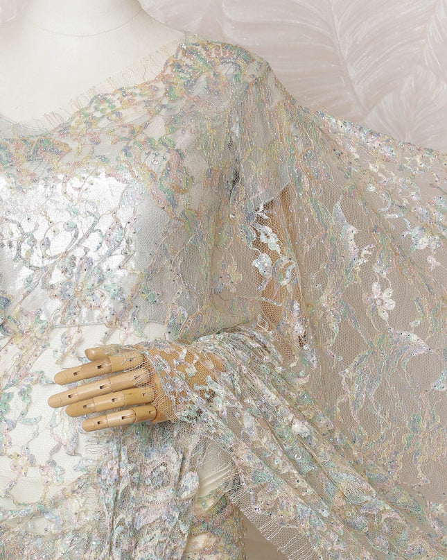 French Iridescent White Chantilly Saree Lace with Stone Work – 110 cm Width, 5.5 Meters, Made in France-D19430 Regal Fabrics