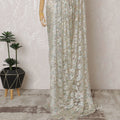 French Iridescent White Chantilly Saree Lace with Stone Work – 110 cm Width, 5.5 Meters, Made in France-D19430 Regal Fabrics