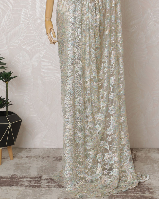 French Iridescent White Chantilly Saree Lace with Stone Work – 110 cm Width, 5.5 Meters, Made in France-D19430 Regal Fabrics