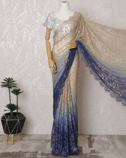 French Ombre Champagne to Navy Blue Chantilly Saree Lace with Stone Work – 110 cm Width, 5.5 Meters, Made in France-D19431