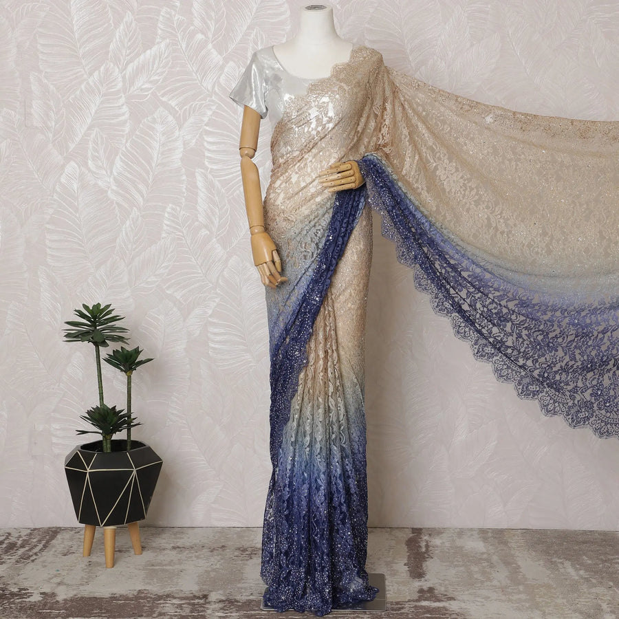 French Ombre Champagne to Navy Blue Chantilly Saree Lace with Stone Work – 110 cm Width, 5.5 Meters, Made in France-D19431 Regal Fabrics