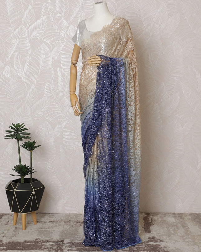 French Ombre Champagne to Navy Blue Chantilly Saree Lace with Stone Work – 110 cm Width, 5.5 Meters, Made in France-D19431