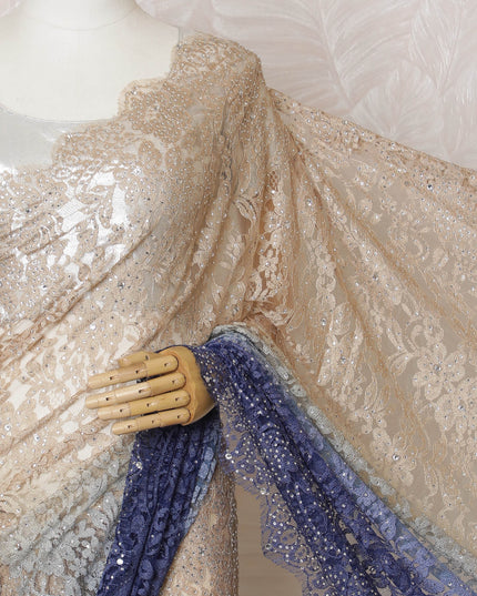 French Ombre Champagne to Navy Blue Chantilly Saree Lace with Stone Work – 110 cm Width, 5.5 Meters, Made in France-D19431