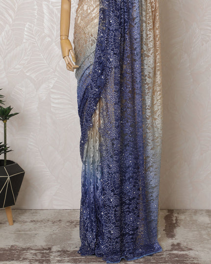 French Ombre Champagne to Navy Blue Chantilly Saree Lace with Stone Work – 110 cm Width, 5.5 Meters, Made in France-D19431