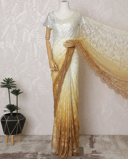 French Ombre White to Gold Chantilly Saree Lace with Stone Work – 110 cm Width, 5.5 Meters, Made in France-D19432