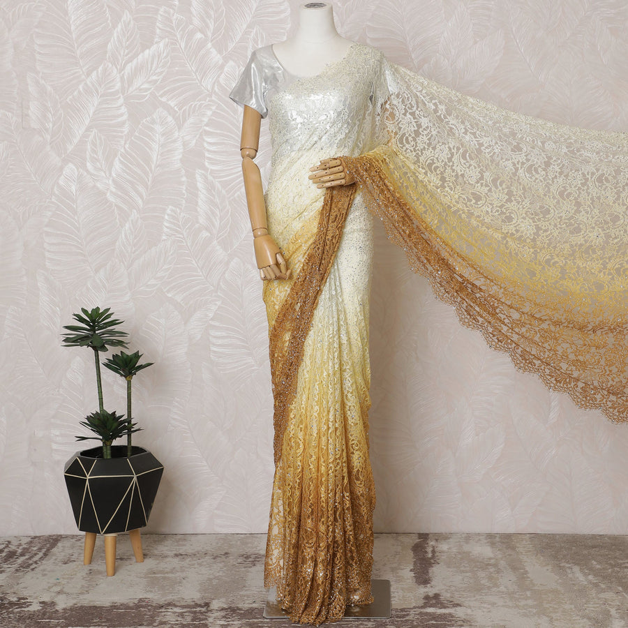 French Ombre White to Gold Chantilly Saree Lace with Stone Work – 110 cm Width, 5.5 Meters, Made in France-D19432