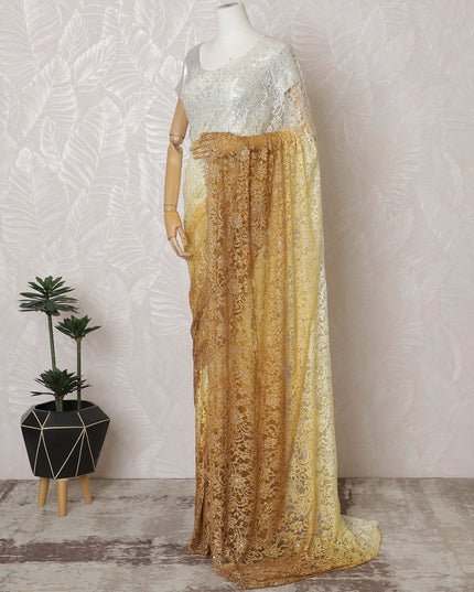 French Ombre White to Gold Chantilly Saree Lace with Stone Work – 110 cm Width, 5.5 Meters, Made in France-D19432