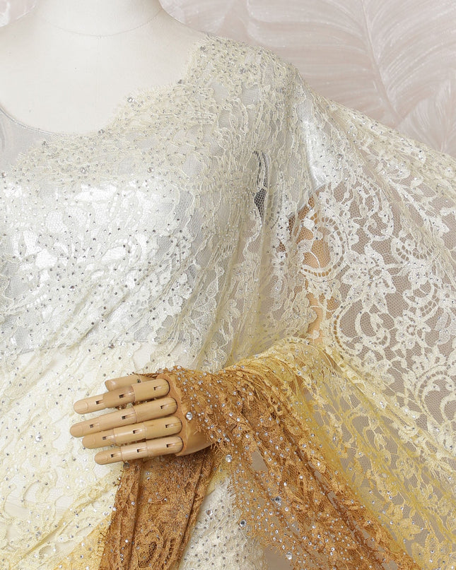 French Ombre White to Gold Chantilly Saree Lace with Stone Work – 110 cm Width, 5.5 Meters, Made in France-D19432