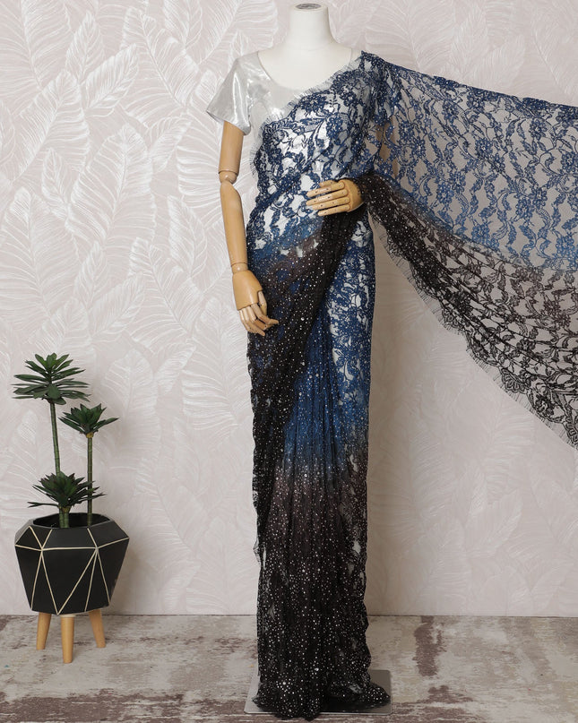 French Ombre Black to Blue Chantilly Saree Lace with Stone Work – 110 cm Width, 5.5 Meters, Made in France-D19433