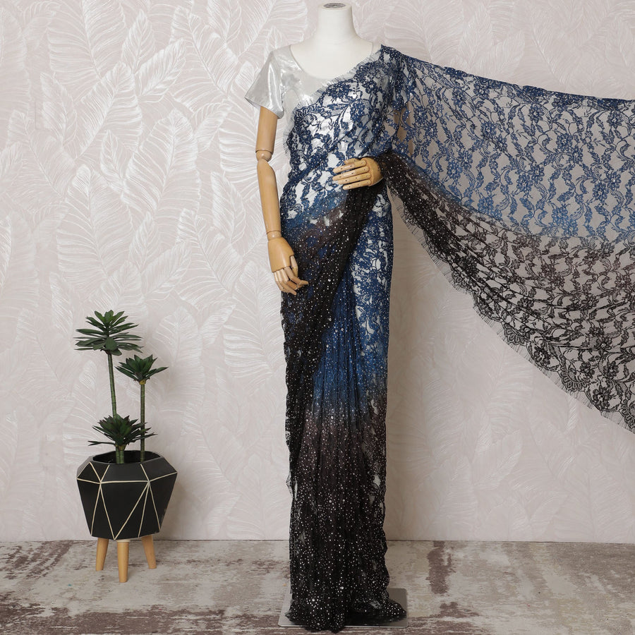 ساري شانتيلي فرنسي من اللون البني إلى الأزرق مع دانتيل حجري - عرض 110 سم، 5.5 متر، صنع في فرنسا - D19433