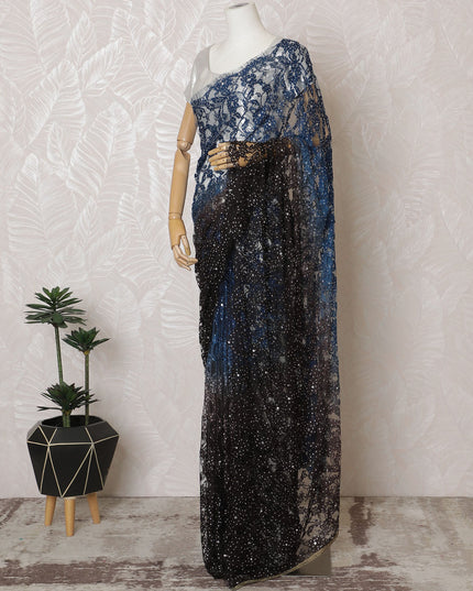 French Ombre Black to Blue Chantilly Saree Lace with Stone Work – 110 cm Width, 5.5 Meters, Made in France-D19433