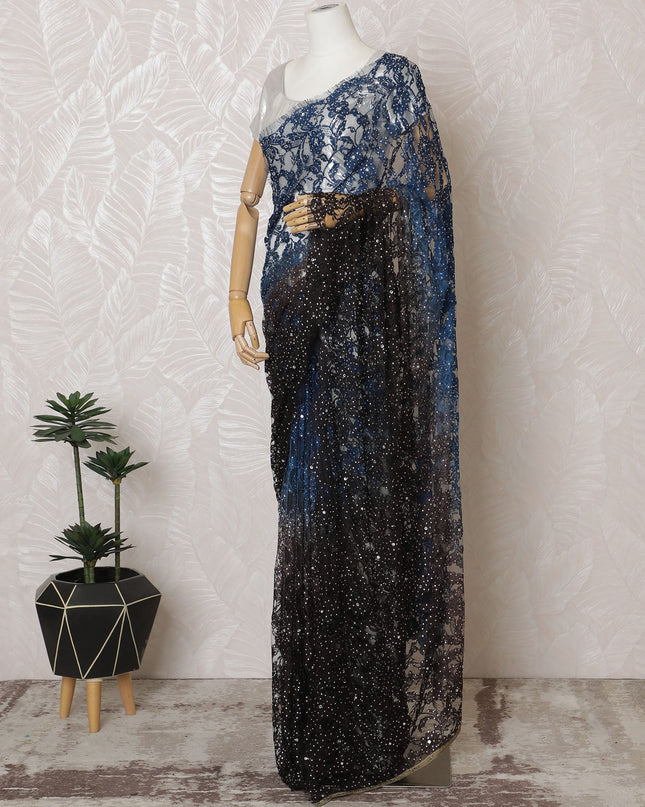 French Ombre Black to Blue Chantilly Saree Lace with Stone Work – 110 cm Width, 5.5 Meters, Made in France-D19433