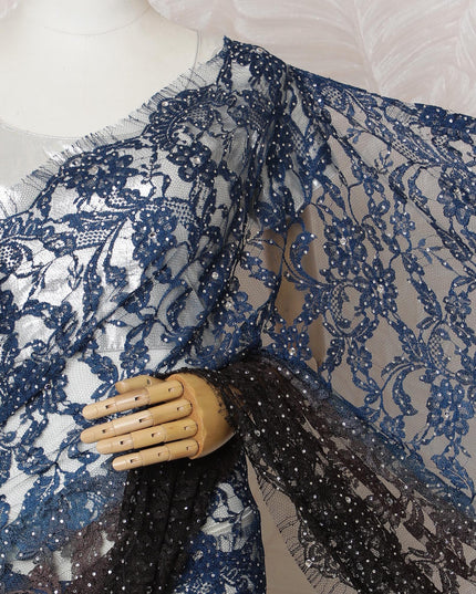 French Ombre Black to Blue Chantilly Saree Lace with Stone Work – 110 cm Width, 5.5 Meters, Made in France-D19433