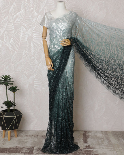 French Ombre Mint Green to Black Chantilly Saree Lace with Stone Work – 110 cm Width, 5.5 Meters, Made in France-D19434