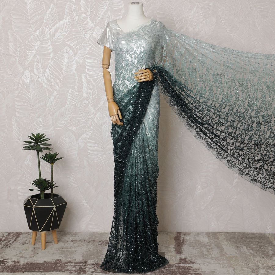 French Ombre Mint Green to Black Chantilly Saree Lace with Stone Work – 110 cm Width, 5.5 Meters, Made in France-D19434
