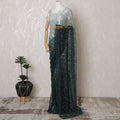 French Ombre Mint Green to Black Chantilly Saree Lace with Stone Work – 110 cm Width, 5.5 Meters, Made in France-D19434