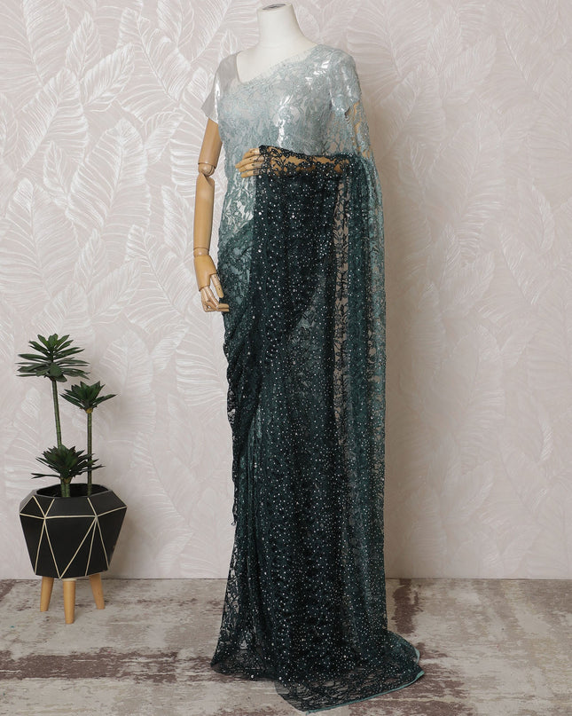 French Ombre Mint Green to Black Chantilly Saree Lace with Stone Work – 110 cm Width, 5.5 Meters, Made in France-D19434