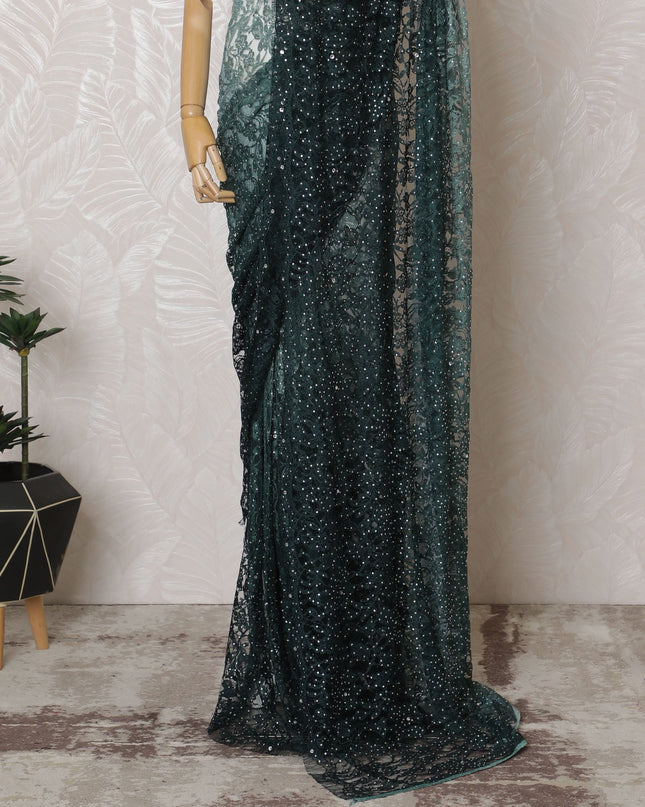 French Ombre Mint Green to Black Chantilly Saree Lace with Stone Work – 110 cm Width, 5.5 Meters, Made in France-D19434