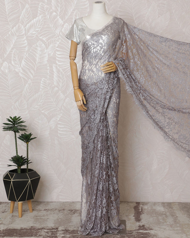 French Two-Tone Silver and Lavender Chantilly Saree Lace with Stone Work – 110 cm Width, 5.5 Meters, Made in France-D19435