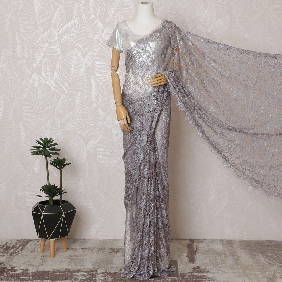 دانتيل ساري شانتيلي فرنسي بلونين فضي ولافندر مع عمل حجري - عرض 110 سم، 5.5 متر، صنع في فرنسا-D19435