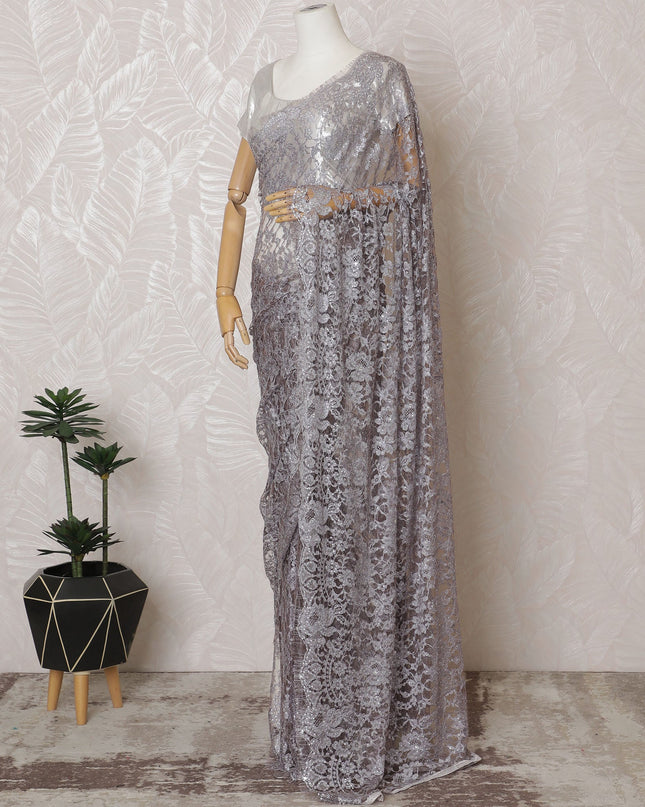 French Two-Tone Silver and Lavender Chantilly Saree Lace with Stone Work – 110 cm Width, 5.5 Meters, Made in France-D19435