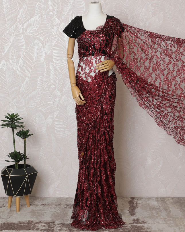 French Two-Tone Crimson Red and Black Chantilly Saree Lace with Stone Work – 110 cm Width, 5.5 Meters, Made in France-D19436