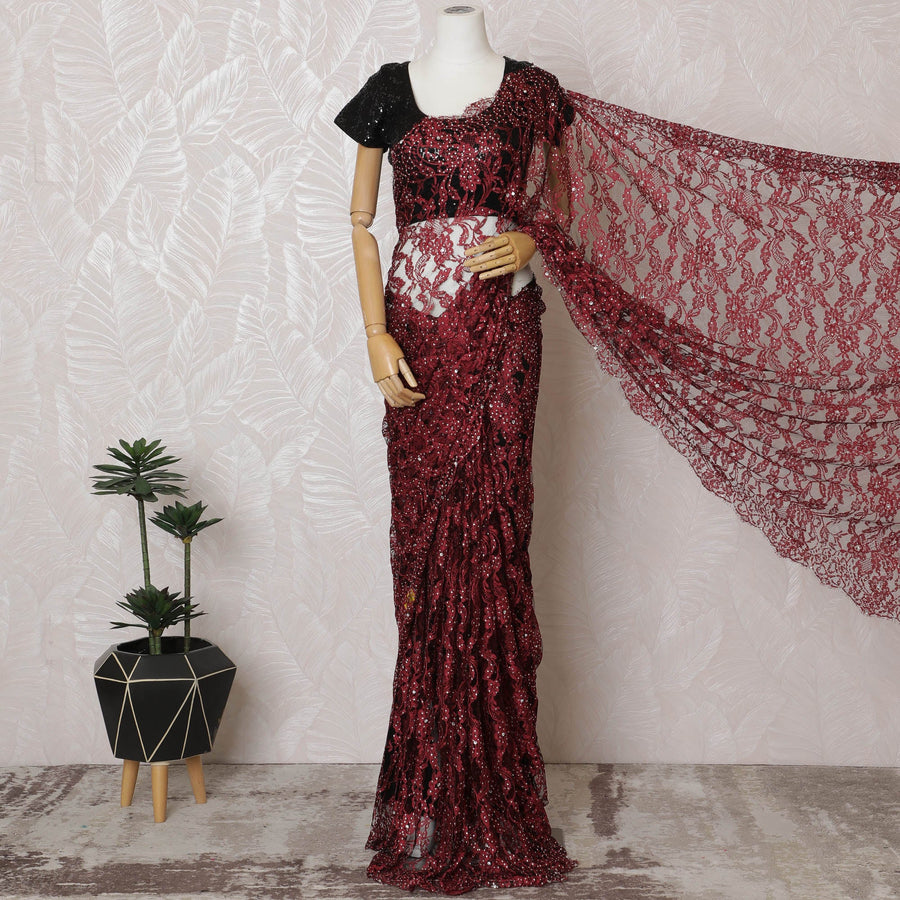 French Two-Tone Crimson Red and Black Chantilly Saree Lace with Stone Work – 110 cm Width, 5.5 Meters, Made in France-D19436