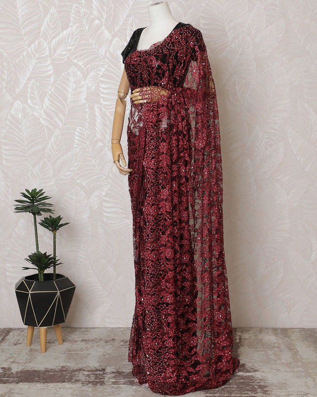 French Two-Tone Crimson Red and Black Chantilly Saree Lace with Stone Work – 110 cm Width, 5.5 Meters, Made in France-D19436