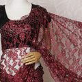 French Two-Tone Crimson Red and Black Chantilly Saree Lace with Stone Work – 110 cm Width, 5.5 Meters, Made in France-D19436