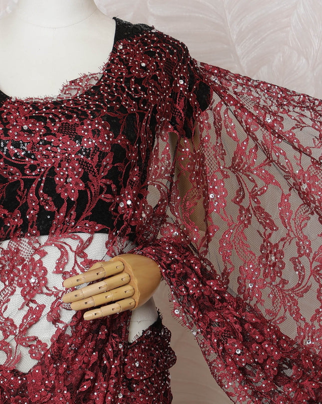 French Two-Tone Crimson Red and Black Chantilly Saree Lace with Stone Work – 110 cm Width, 5.5 Meters, Made in France-D19436