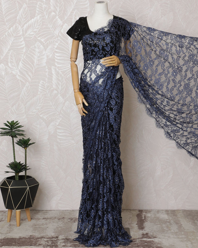 Elegant French Two-Tone Navy blue and Black Chantilly Saree Lace with Stone Work - Navy Blue, 110 cm Width, 5.5 Mtrs-D19437